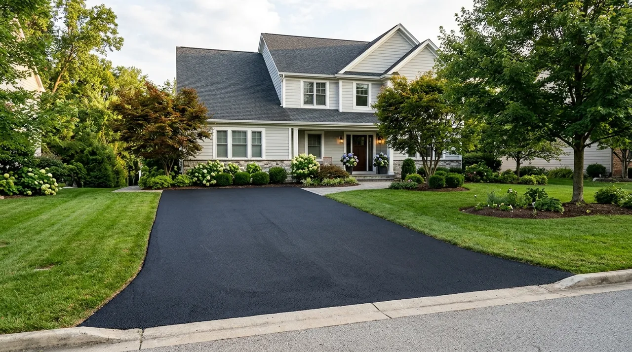 Allée en enrobé noir devant une maison