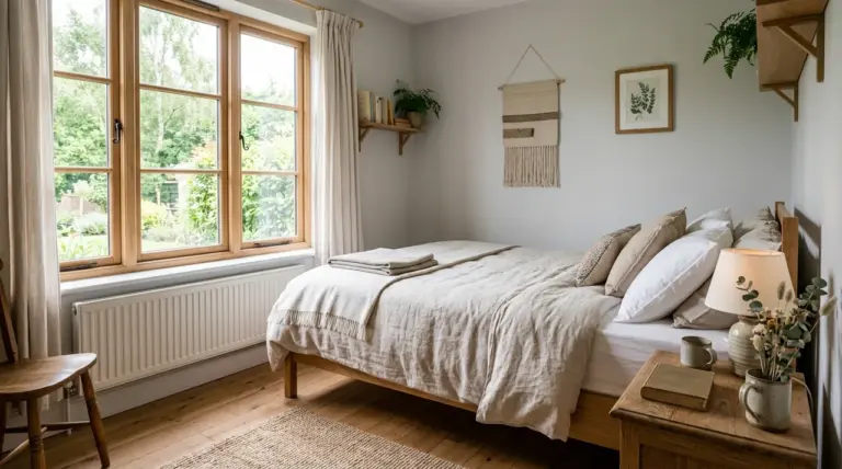 Chambre de 9m2 aménagée avec un lit contre le mur et lumière naturelle
