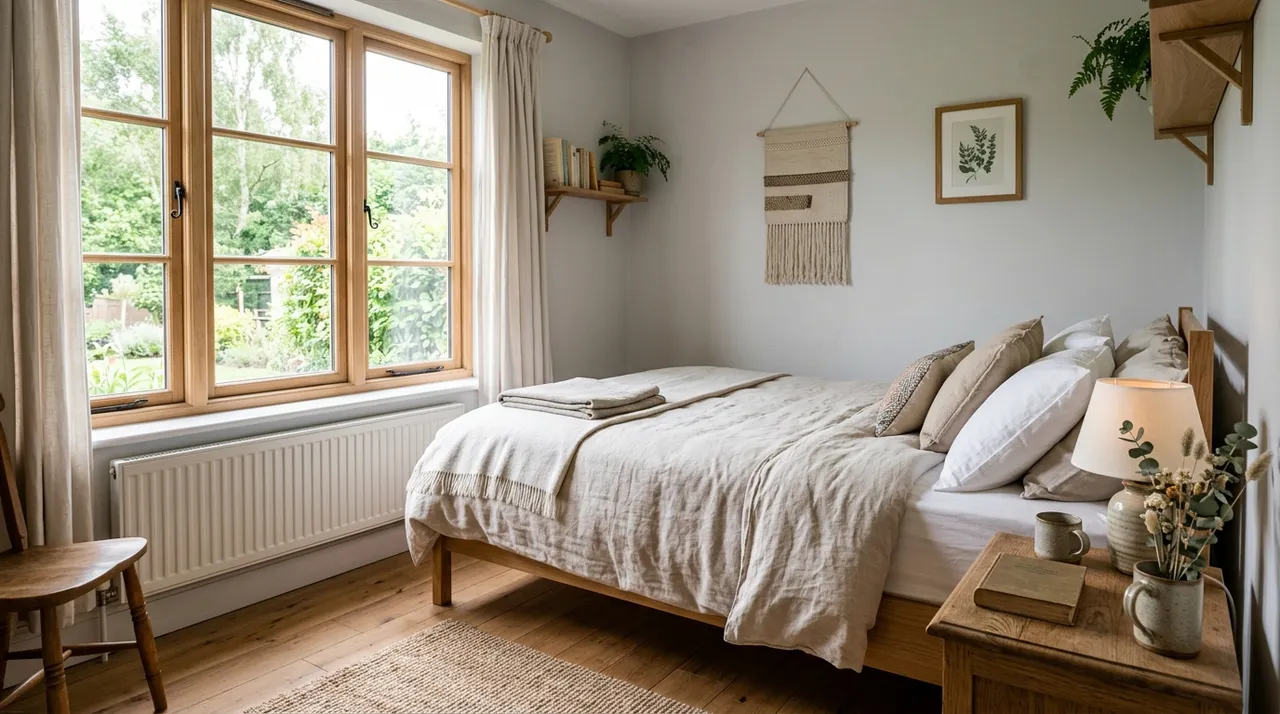 Chambre de 9m2 aménagée avec un lit contre le mur et lumière naturelle