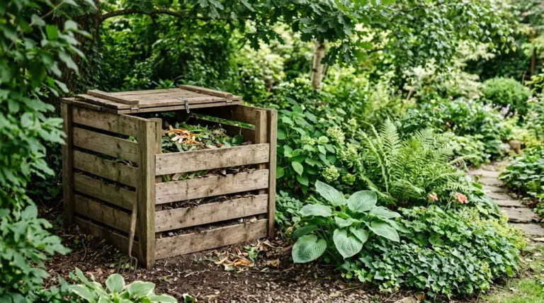 Composteur en bois installé dans un coin ombragé du jardin