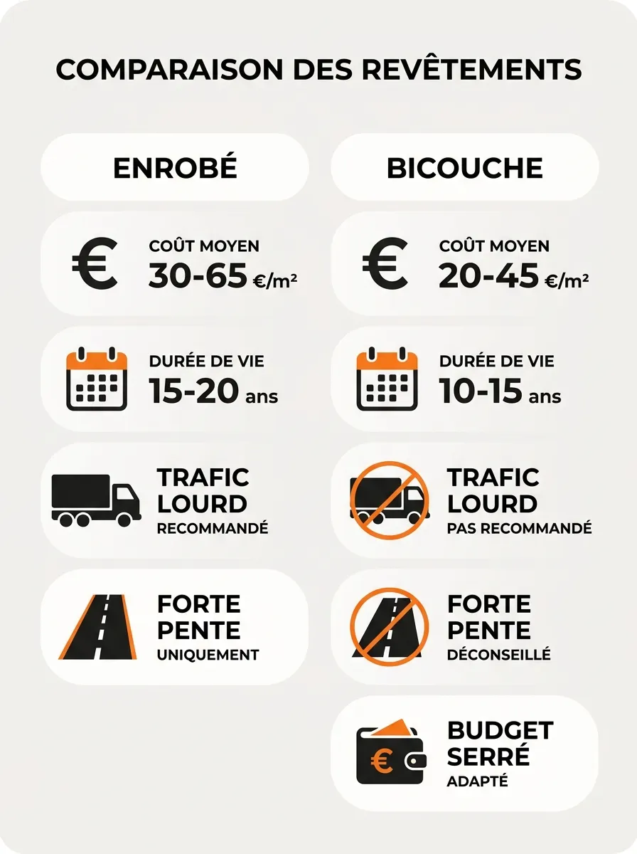 Infographie : comparaison enrobé et bicouche, prix et durée de vie