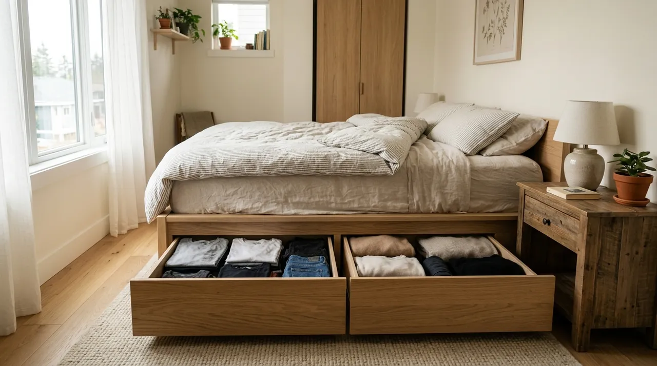 Lit coffre ouvert avec rangements intégrés dans une petite chambre
