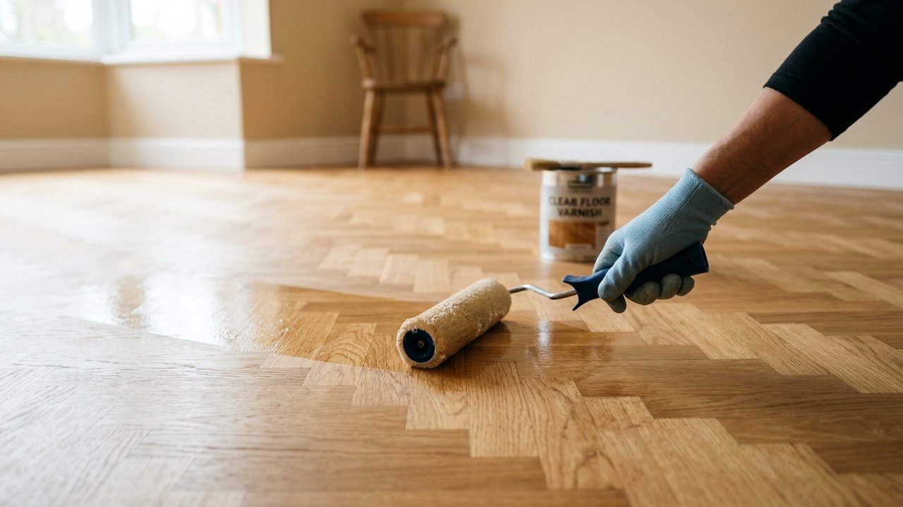 Application du vitrificateur sur un parquet rénové