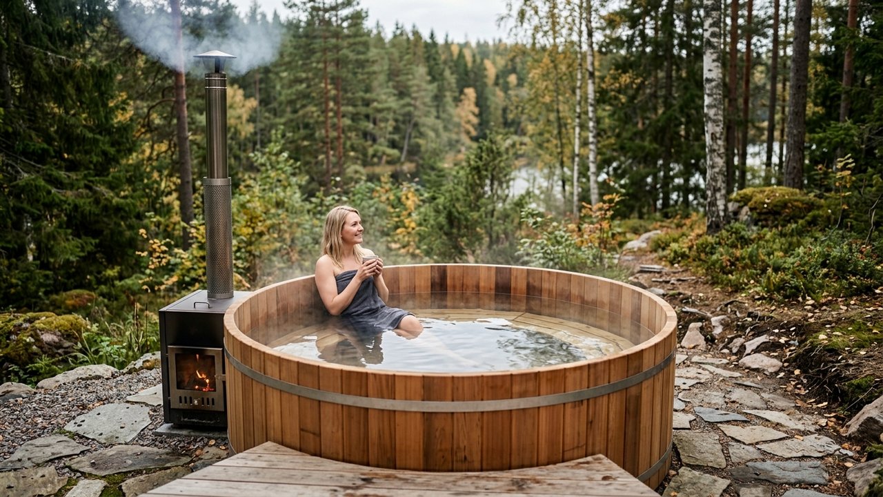 Bain nordique traditionnel en bois avec poêle intégré et bancs