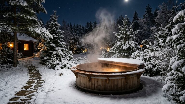 Bain nordique en bois chauffé avec vapeur dans un jardin enneigé