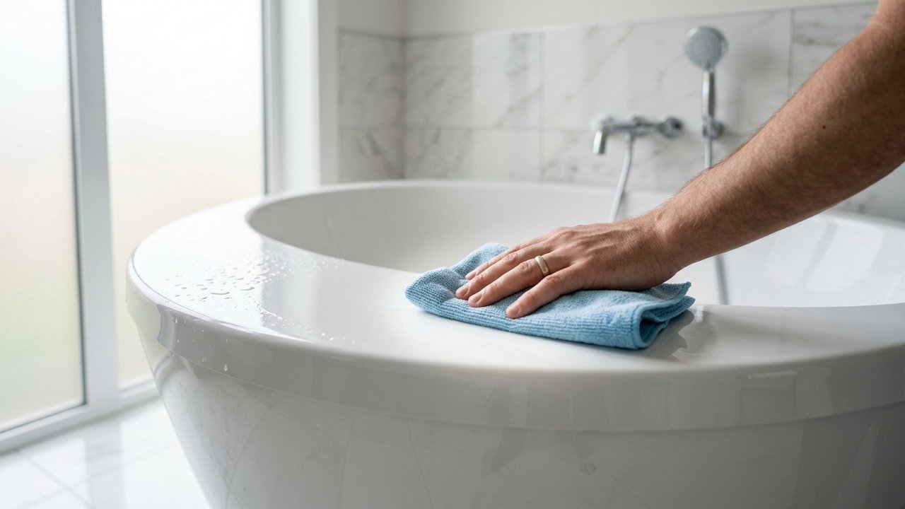Polissage d'une baignoire acrylique avec chiffon microfibre pour redonner de l'éclat