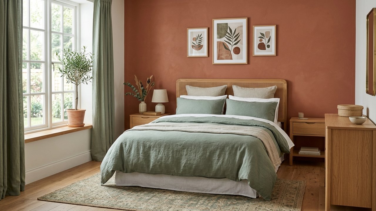 Chambre avec tête de lit terracotta et linge vert olive
