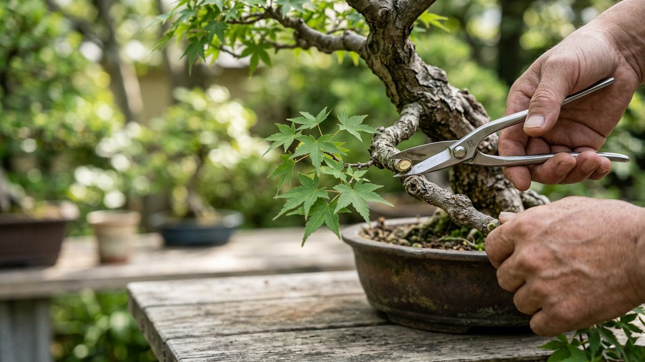 Coupe d'une branche de bonsaï à la hauteur des feuilles