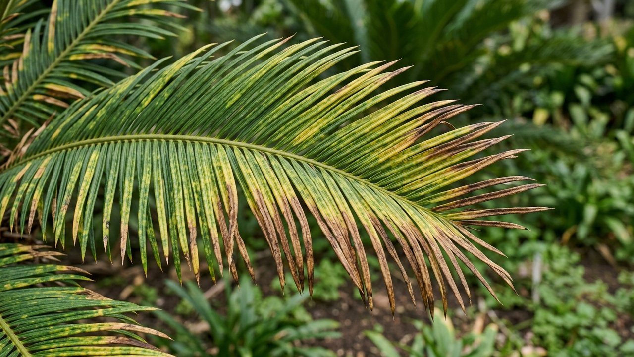 Détail des différents types de jaunissement sur les feuilles d'un cycas