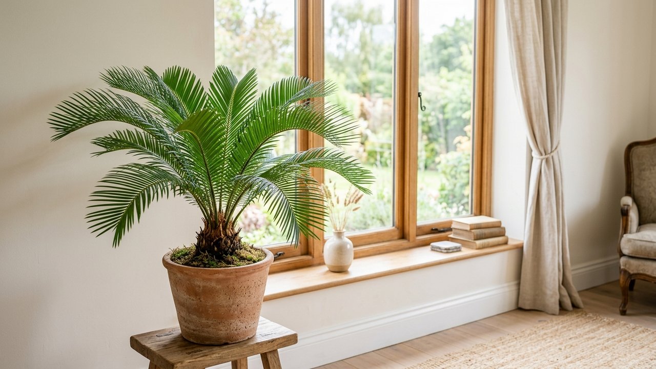 Cycas bien entretenu avec un feuillage vert et dense près d'une fenêtre