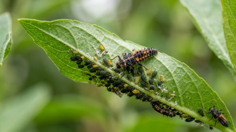 Larves de coccinelles dévorant des pucerons sur une feuille