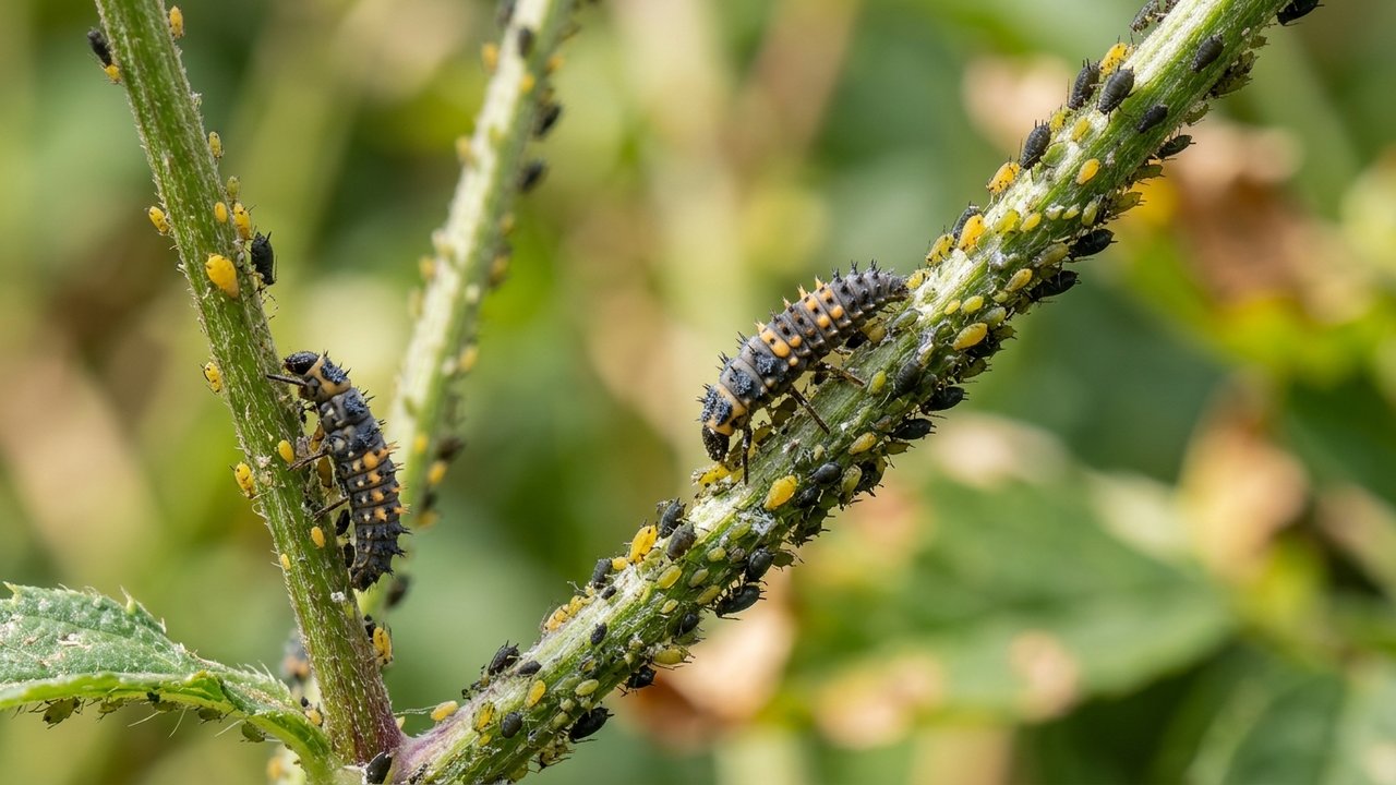 Installation de larves de coccinelles sur des foyers de pucerons
