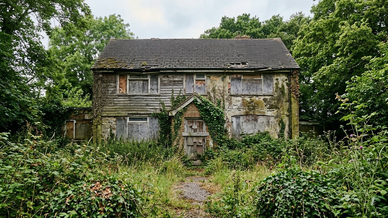 Maison abandonnée avec volets condamnés et jardin envahi