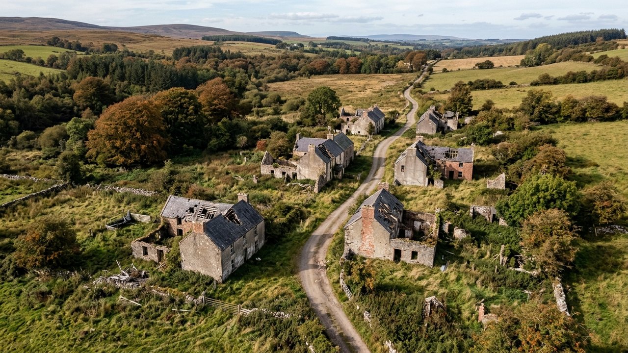 Vue aérienne de maisons abandonnées dans une zone rurale en déclin