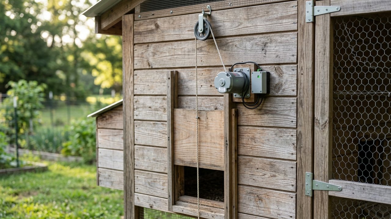 Mécanisme de fonctionnement d'une porte automatique de poulailler avec système de poulies