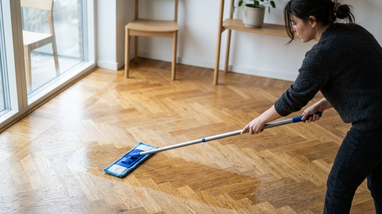 Nettoyage d'un parquet vitrifié avec une serpillère microfibre