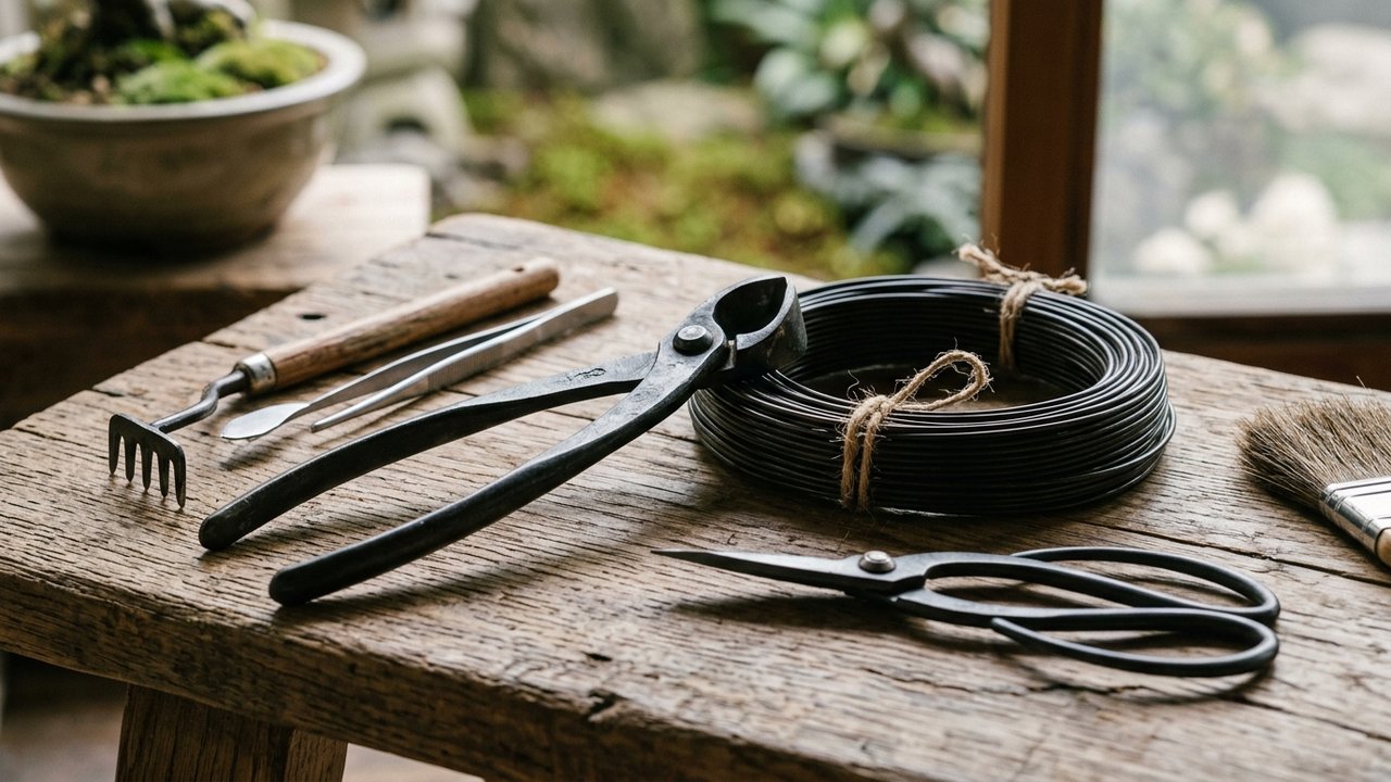 Outils essentiels pour tailler un bonsaï : ciseaux, pinces et mastic cicatrisant