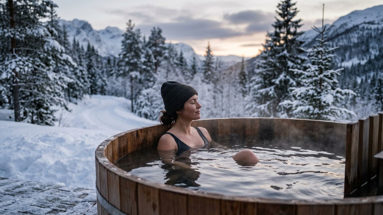Personne détente dans un bain nordique en hiver