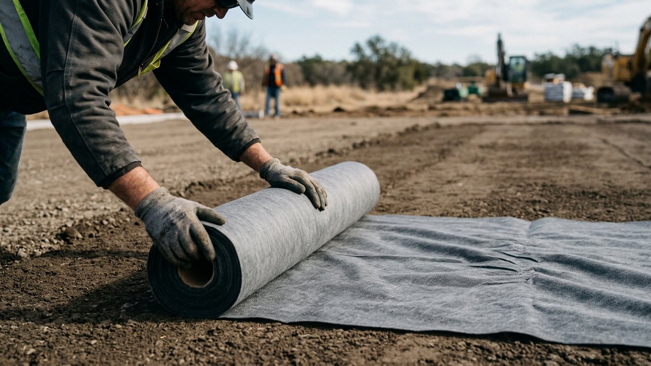 Pose du géotextile déroulé sur un terrain préparé