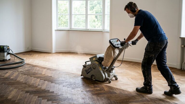 Ponçage d'un parquet avant re-vitrification
