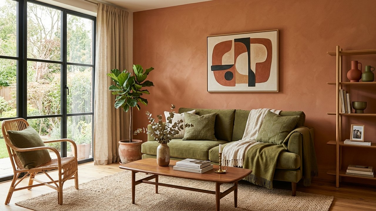 Salon associant terracotta et vert olive dans la décoration