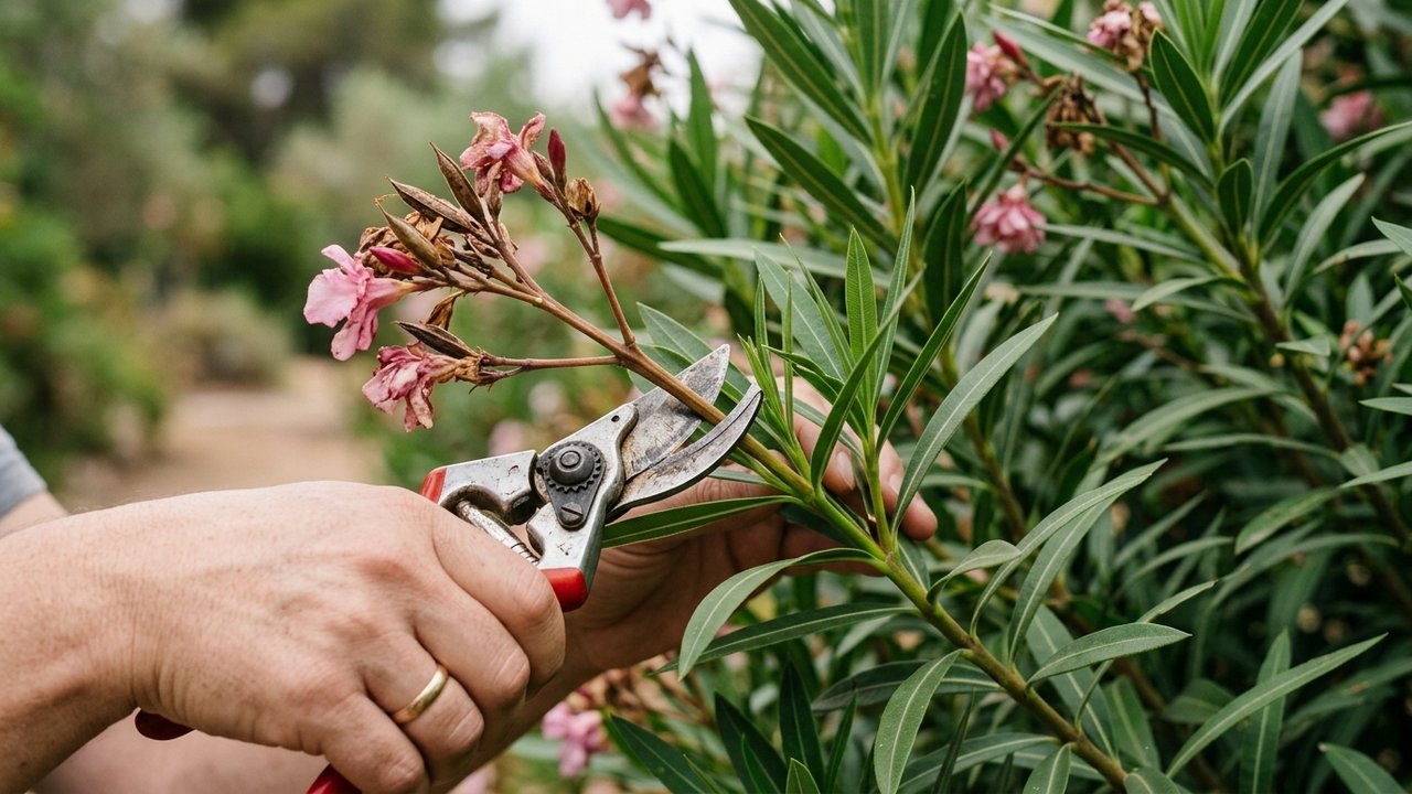 Coupe des fleurs fanées du laurier-rose au sécateur au-dessus d'un nœud