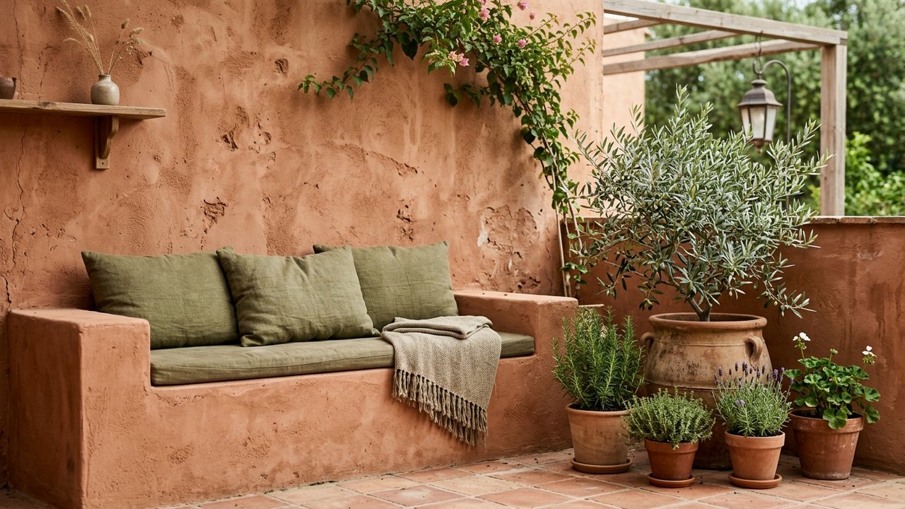 Décoration avec mur terracotta et accents vert olive
