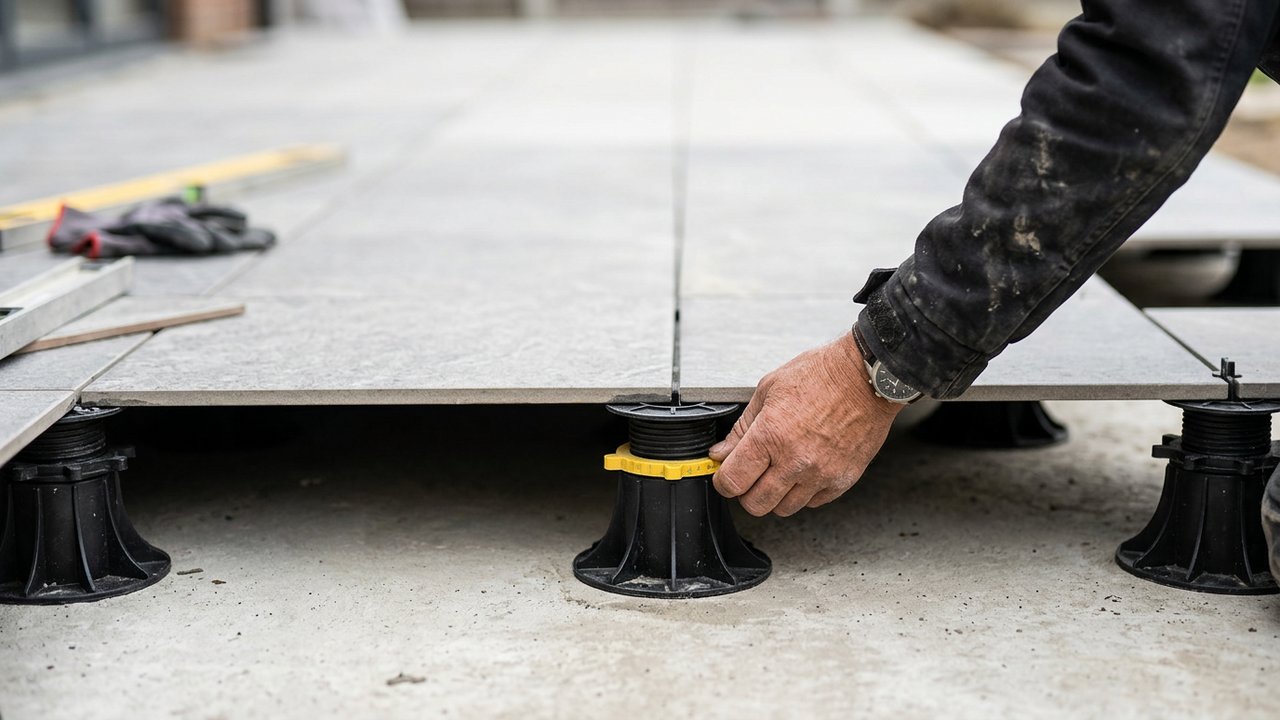 Ajustement de la hauteur d'un plot sous carrelage terrasse avec niveau