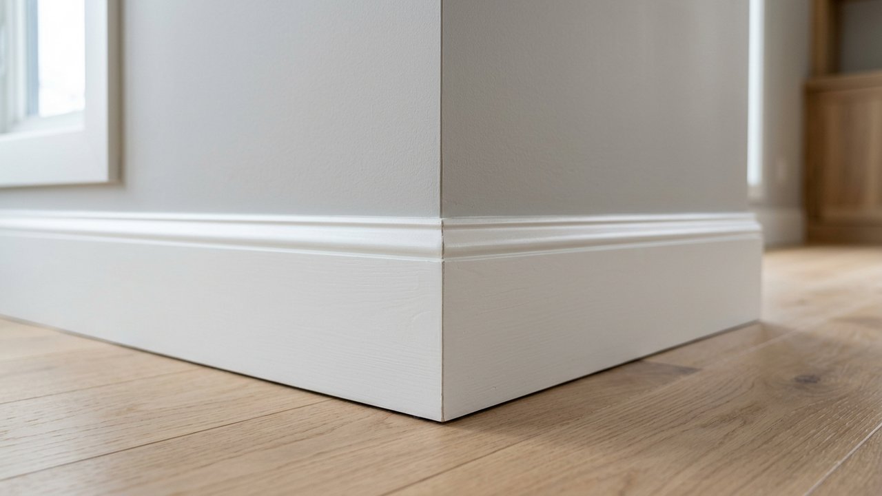 Deux plinthes assemblées à un angle intérieur après coupe d'onglet