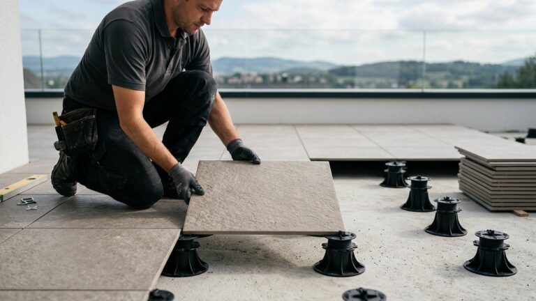 Pose de carrelage en grès cérame sur plots réglables pour terrasse