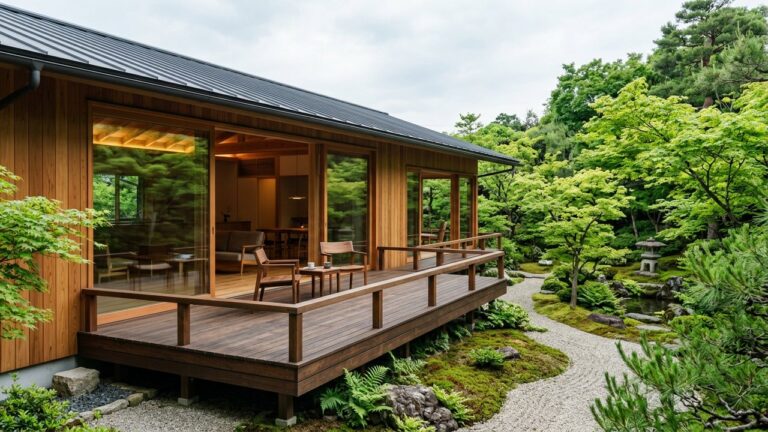 Maison moderne d'inspiration japonaise avec terrasse en bois et grandes baies vitrées