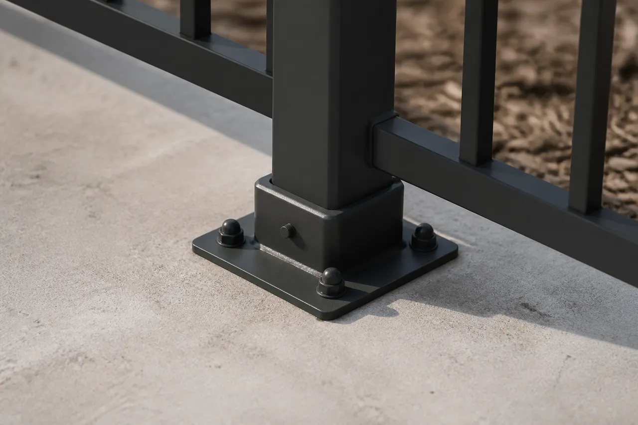 Fixation d'un poteau de grillage rigide sur platine