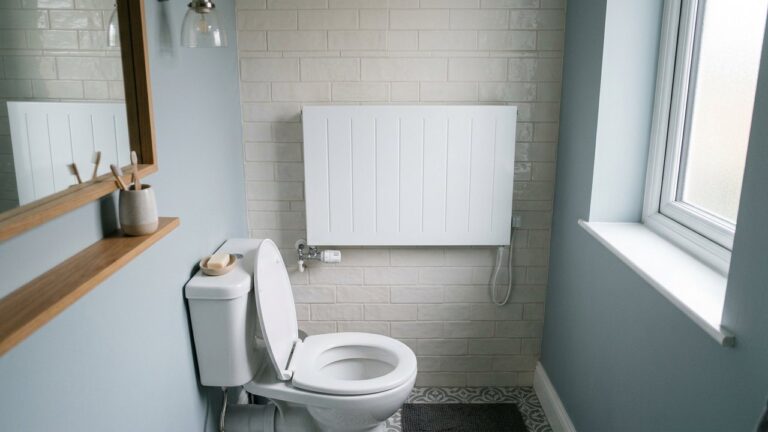 Radiateur compact extra-plat installé dans des toilettes