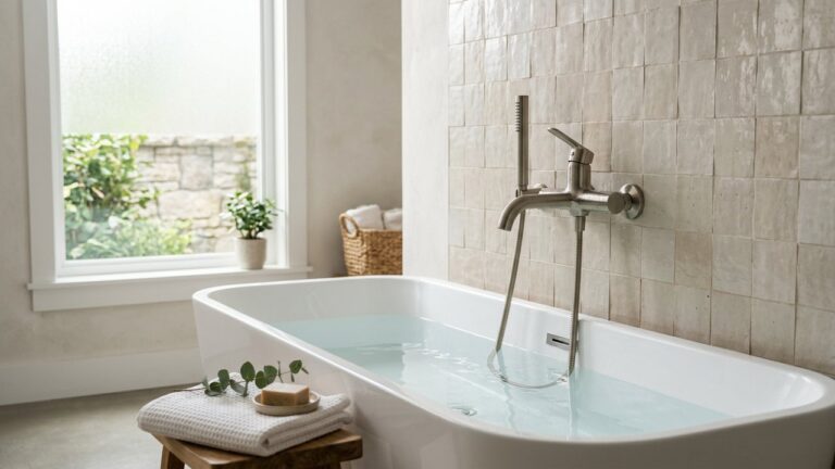 Robinet de baignoire installé à la bonne hauteur au-dessus du rebord