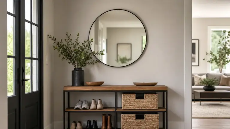 Aménagement entrée fonctionnel avec console, miroir et rangement