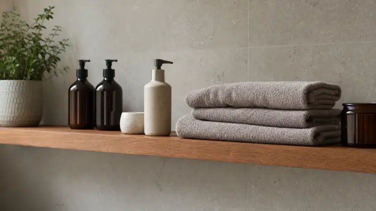 Étagère murale salle de bain avec serviettes et flacons
