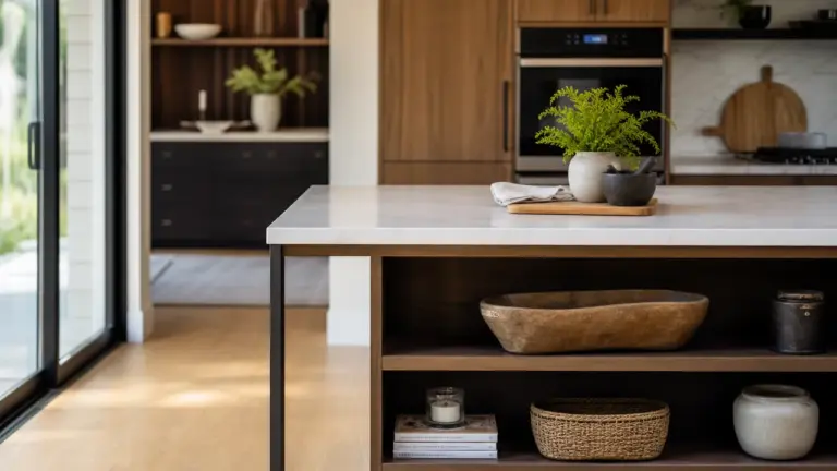 Idée aménagement cuisine avec îlot central et rangements ouverts