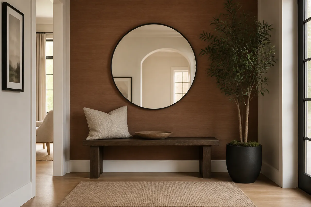 Idée déco d'aménagement entrée avec mur accent et plante